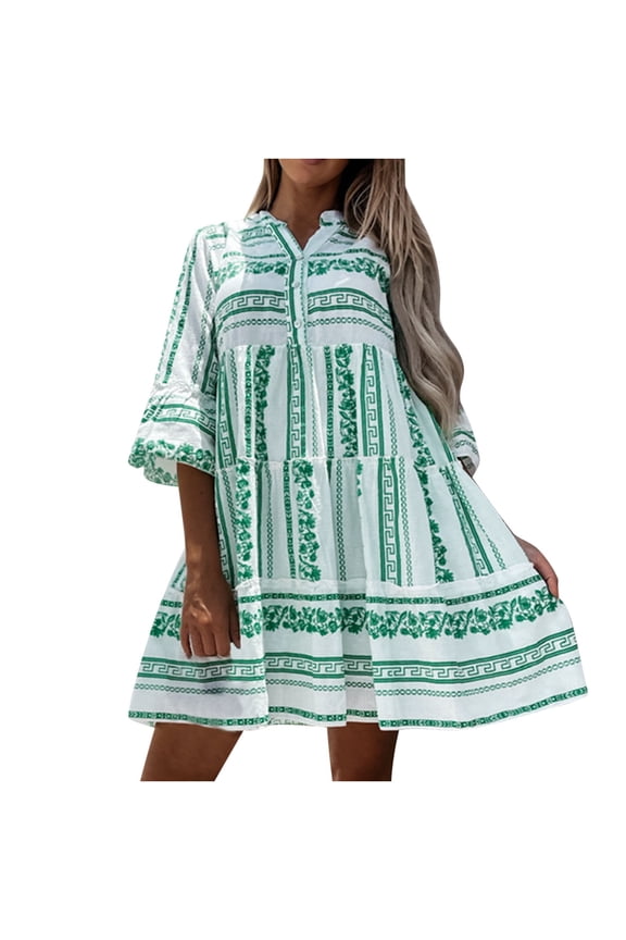 USSUMA Women Swing Midi Shift Sundresses, Long Sleeve Sundresses for Women Casual Summer Vintage Loose Fitting V Neck Birthday Gown Dresses Swing Ruched Sun Dresses Gradient Colorful Design