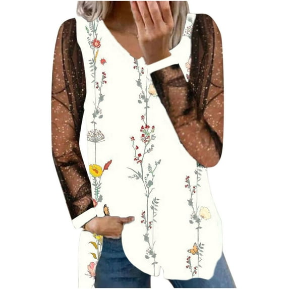USSUMA Women Tops Dressy Casual Long Sleeve, Floral Printed Shirts Women Sheer Mesh Patchwork Long Sleeve V Neck Blouse Shirts Irregular Pleated Flowy Swing Tops Fall