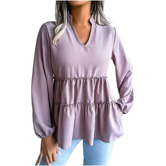 USSUMA Women Tops Dressy Casual Long Sleeve, Women Long Sleeve Ruffle Hem Peplum Tops Casual Tiered Swing Tops Loose Fitting Swing Blouse T-Shirts Fall Female