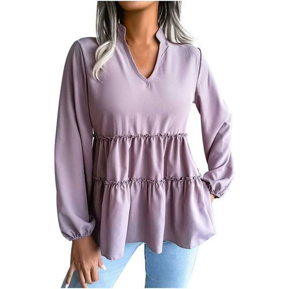 USSUMA Women Tops Dressy Casual Long Sleeve, Women Long Sleeve Ruffle Hem Peplum Tops Casual Tiered Swing Tops Loose Fitting Swing Blouse T-Shirts Fall Female