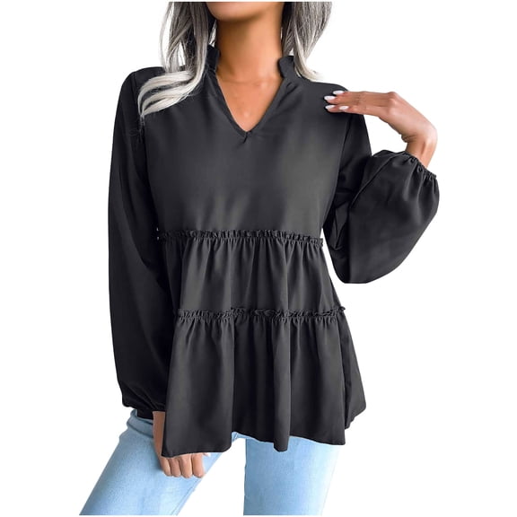 USSUMA Women Tops Dressy Casual Long Sleeve, Women Long Sleeve Ruffle Hem Peplum Tops Casual Tiered Swing Tops Loose Fitting Swing Blouse T-Shirts Fall Female