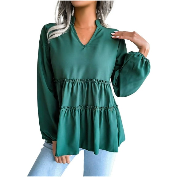USSUMA Women Tops Dressy Casual Long Sleeve, Women Long Sleeve Ruffle Hem Peplum Tops Casual Tiered Swing Tops Loose Fitting Swing Blouse T-Shirts Fall Female