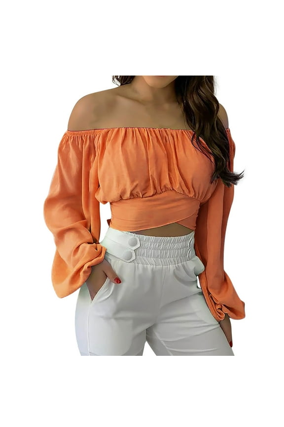 USSUMA Women Tops Dressy Casual Long Sleeve, Women's Cute Off Shoulder Long Sleeve Crop Tube Top Blouse Solid Color Strapless Puffy Sleeve T-Shirts Fall Female