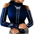 thumbnail image 1 of USSUMA Women Tops Dressy Casual Long Sleeve, Womens Mock Neck Pullovers Tee Tops Slim Fitted Long Sleeve Cold Shoulder Butterfly Rhinestone T Shirts Diamond Blouse Fall Female, 1 of 7