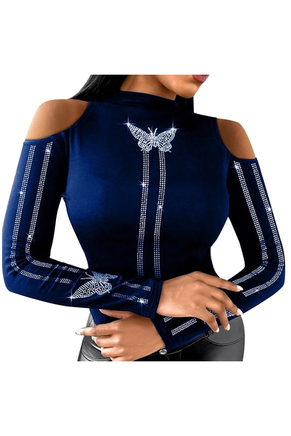 USSUMA Women Tops Dressy Casual Long Sleeve, Womens Mock Neck Pullovers Tee Tops Slim Fitted Long Sleeve Cold Shoulder Butterfly Rhinestone T Shirts Diamond Blouse Fall Female
