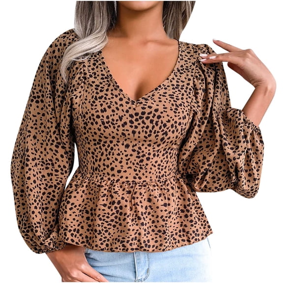 USSUMA Women Tops Dressy Casual Long Sleeve, Womens Peplum Tops V Neck Loose Fit Long Sleeve Leopard Printed Tshirt Cute Dressy Pleated Tunic Blouse Fall Female
