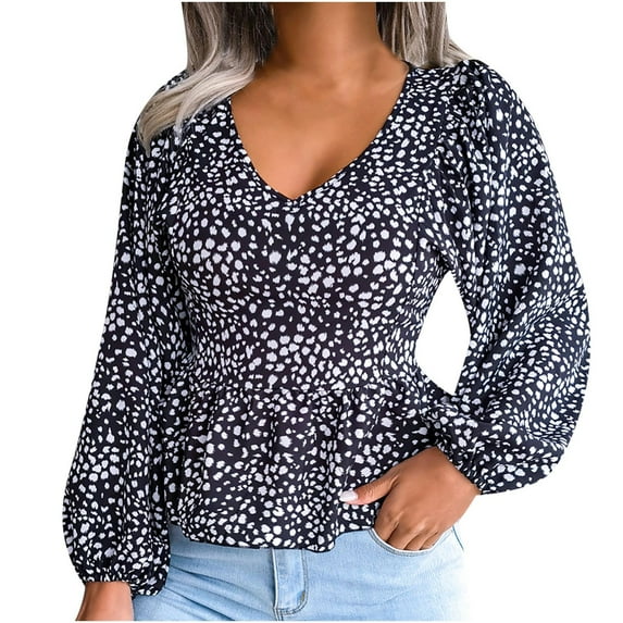 USSUMA Women Tops Dressy Casual Long Sleeve, Womens Peplum Tops V Neck Loose Fit Long Sleeve Leopard Printed Tshirt Cute Dressy Pleated Tunic Blouse Fall Female