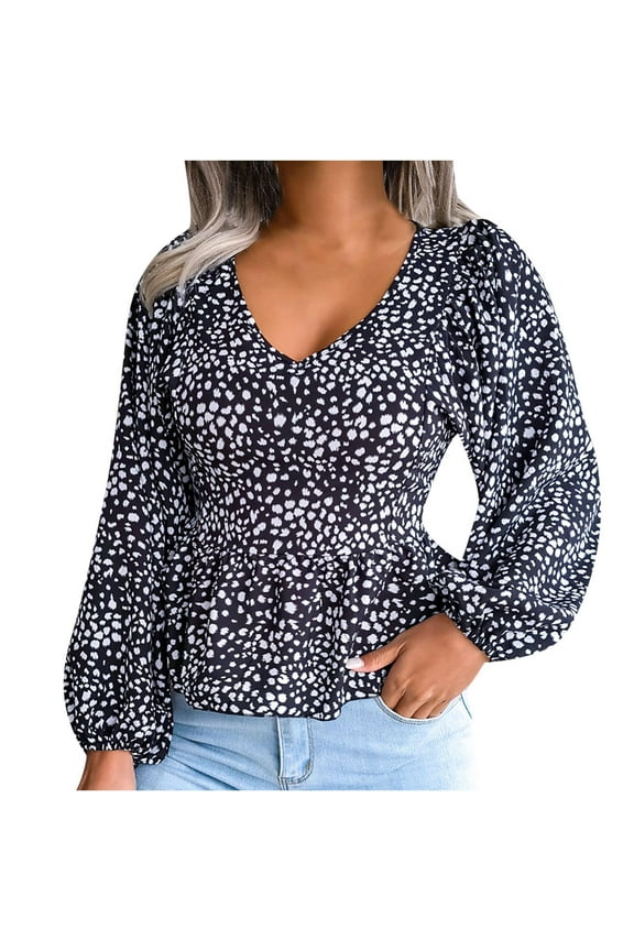 Women Tops Dressy Casual Long Sleeve, Womens Peplum Tops V Neck Loose Fit Long Sleeve Leopard Printed Tshirt Cute Dressy Pleated Tunic Blouse Fall Female