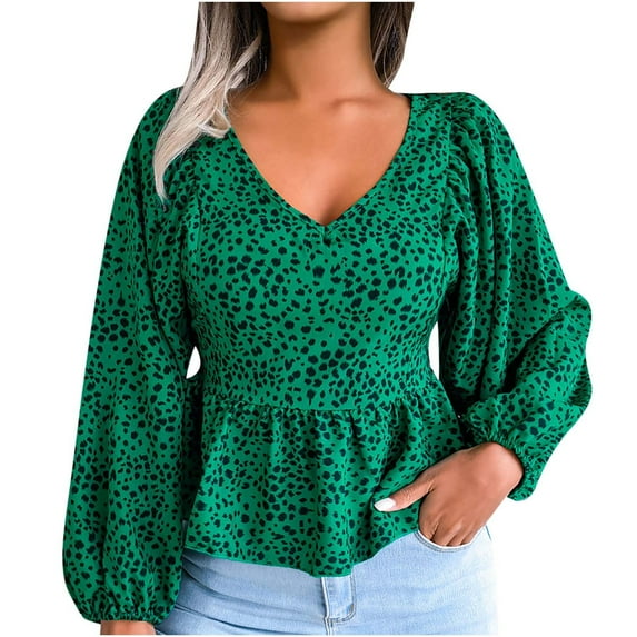 USSUMA Women Tops Dressy Casual Long Sleeve, Womens Peplum Tops V Neck Loose Fit Long Sleeve Leopard Printed Tshirt Cute Dressy Pleated Tunic Blouse Fall Female