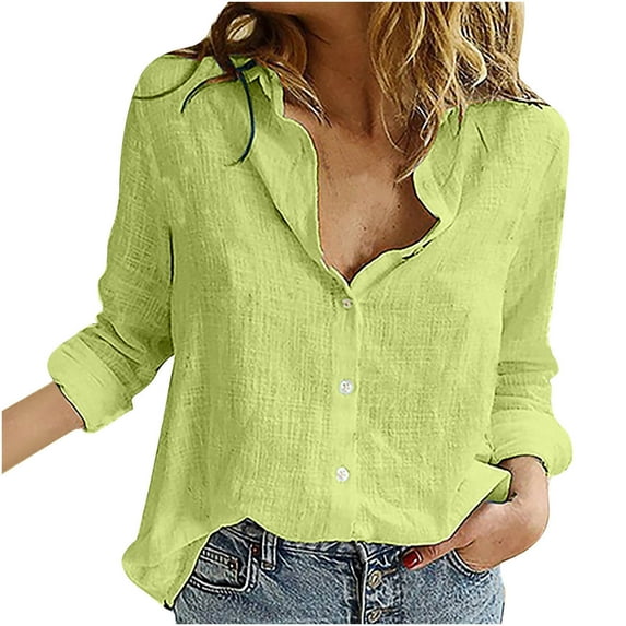 USSUMA Women Tops Dressy Casual Long Sleeve, Womens V Neck Button Down Linen Shirts Long Sleeve Blouses Roll Up Casual Work Plain Solid Tops Fall