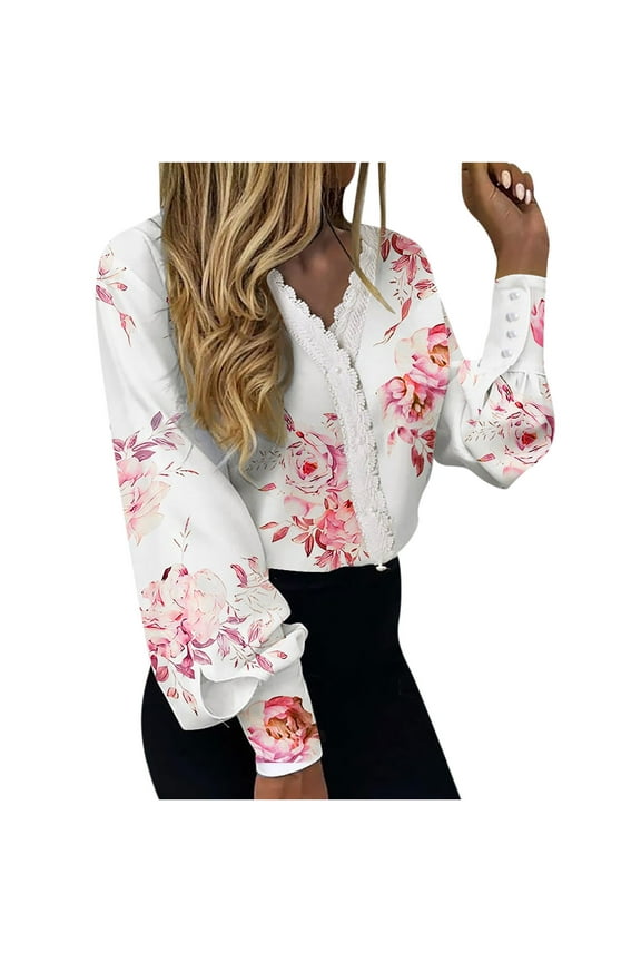 Women Tops Dressy Casual Long Sleeve, Womens V Neck Lace Shirts Puff Sleeve Button Down Casual Floral Stars Print Blouses Tops Elegant Work Office Business Tunics Fall Female