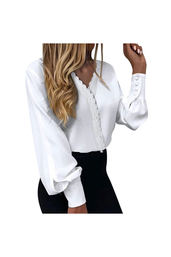 USSUMA Women Tops Dressy Casual Long Sleeve, Womens V Neck Lace Shirts Puff Sleeve Button Down Casual Floral Stars Print Blouses Tops Elegant Work Office Business Tunics Fall Female