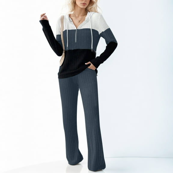 USSUMA Women's 2 Piece Sets Women Hoodies Long Sleeved Pullover Sweatpant Outfits 1/4 Zipper Drawstring Multicolour Tracksuit Elastic Waist Comfortable Jogger Sets Loose Outdoor Fall Suit