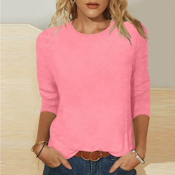 USSUMA Women’s 3/4 Sleeve Blouse Pullover Crew Neck Solid Loose Fit 3/4 Sleeve T-Shirts Loose Fit Blouse Can’t-Miss Summer Bargains Pink M