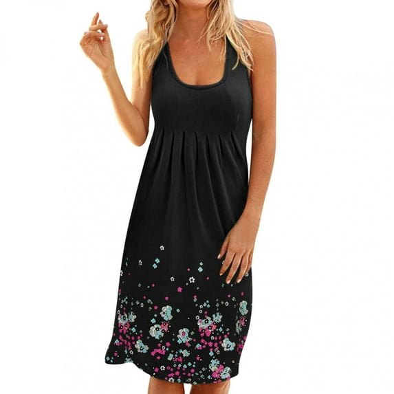 USSUMA Women's Beach Summer Dresses Floral Printed Casual Round Neck T Shirt Dresses Plain Tank Dress