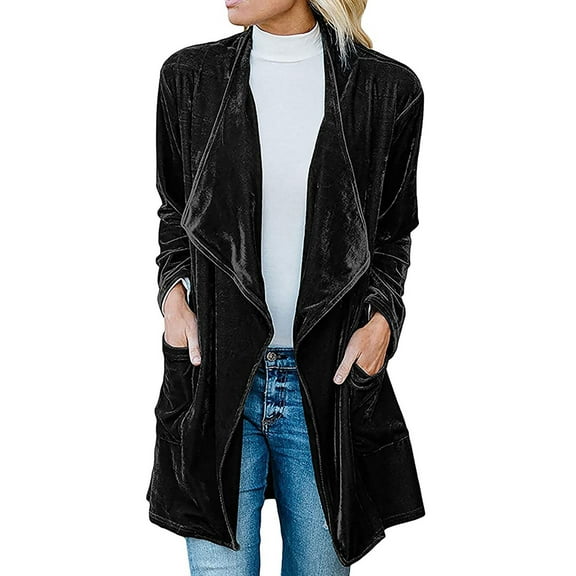 USSUMA Women's Cardigan Outwear Velvet Jacket Coaat Open Front Long Sleeve Long Cardigan Sweaters For Women 2022 Soft Cardigan with Pocket