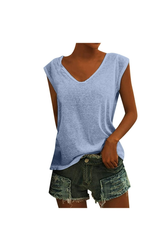 USSUMA Women's Casual Cap Sleeve T Shirts Basic Summer Crew Neck Tops Loose Casual Solid Color Blouse