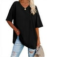 thumbnail image 1 of USSUMA Women's Casual V-Neck Half Sleeve Solid Loose Shirt Blouse Tops Black S, 1 of 9