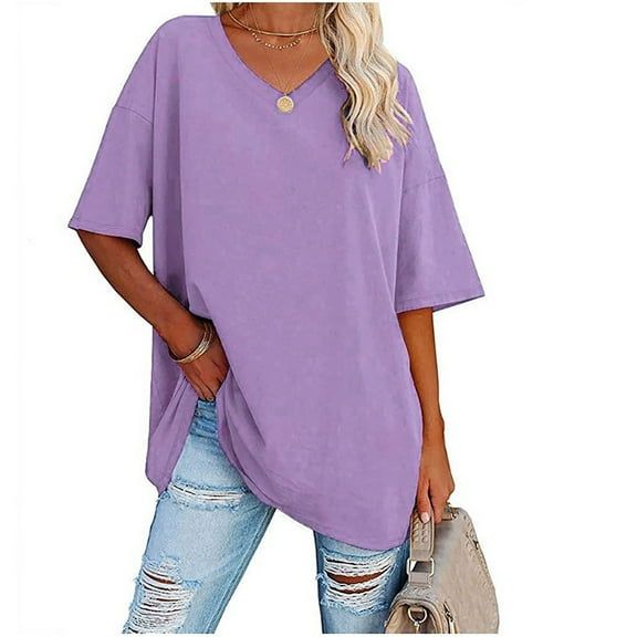 USSUMA Women's Casual V-Neck Half Sleeve Solid Loose Shirt Blouse Tops Delivery Pass Purple S