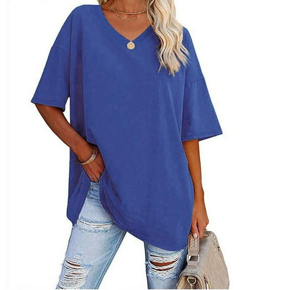 USSUMA Women's Casual V-Neck Half Sleeve Solid Loose Shirt Blouse Tops Hottest Blue S