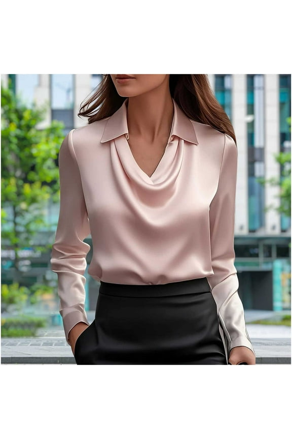 Women's Champagne Satin Cowl Neck Long Sleeve Blouses, Satin Silky Cowl Neck Drape Ruched Front Long Sleeve Blouse Shirt Holiday Saving