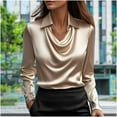 thumbnail image 1 of USSUMA Women's Champagne Satin Cowl Neck Long Sleeve Blouses, Satin Silky Cowl Neck Drape Ruched Front Long Sleeve Blouse Shirt Online Shopping, 1 of 6