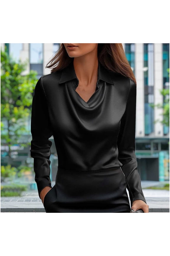 Women's Champagne Satin Cowl Neck Long Sleeve Blouses, Satin Silky Cowl Neck Drape Ruched Front Long Sleeve Blouse Shirt Online Shopping