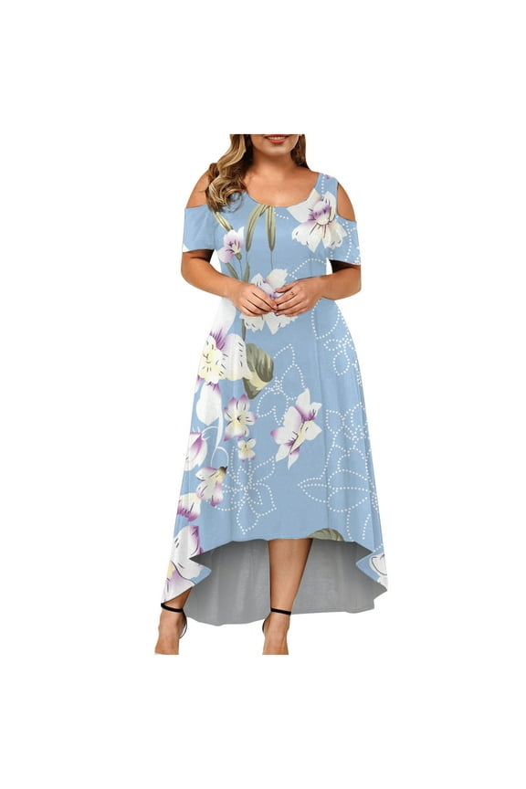USSUMA Women's Cold Shoulder Plus Size Casual Long Swing Dress Summer Ladies Floral Crewneck Party Beach Maxi Dress Sundresses