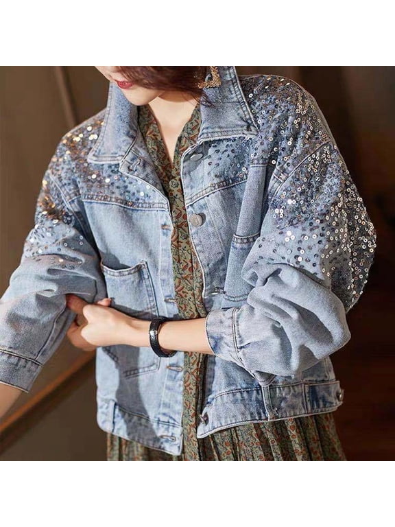 Women's Denim Jacket Sequin Embellished Long Sleeve Cropped Denim Coat for Evening Party Concert Night Out Dancing Club Festival Celebration XL Blue