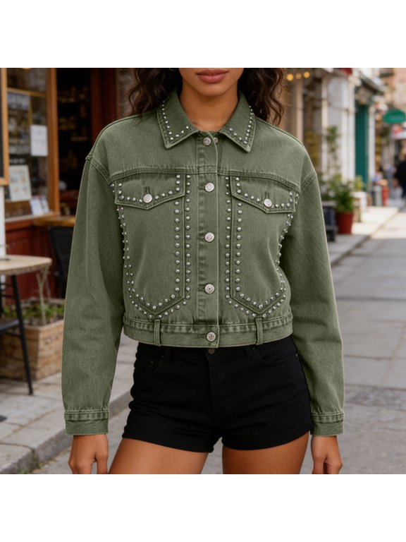 Women's Denim Jacket Studded Embellished Long Sleeve Collared Short Colorful Coat Edgy Rock Concert Night Out Party Dancing Festival Celebration Fun S Army Green
