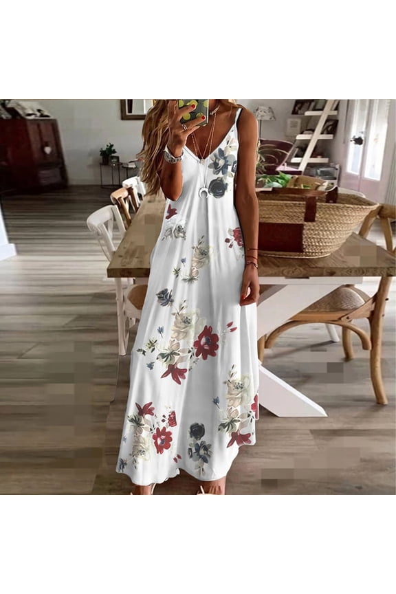 USSUMA Women's Dresses Sunflower Print Spaghetti Strap V Neck Boho Long Maxi Dress Summer Beach Flowy Ethnic Sundress