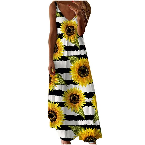 USSUMA Women's Dresses Sunflower Print Spaghetti Strap V Neck Boho Long Maxi Dress Summer Beach Flowy Ethnic Sundress