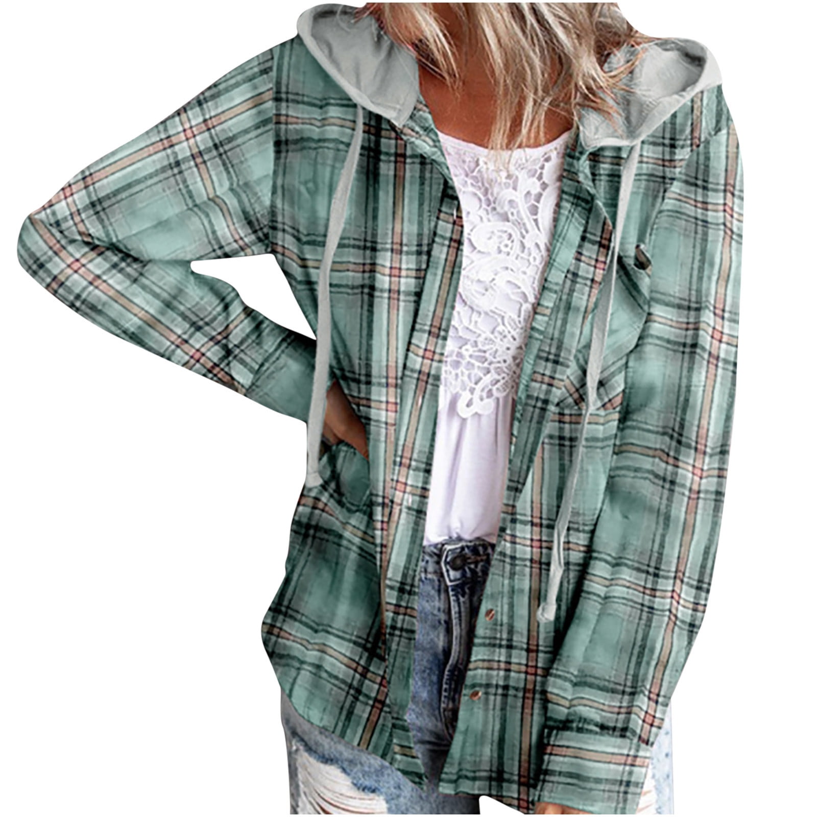 Women s Hooded Plaid Cardigan with Drawstring Casual Dressy Winter Kimono in Kosovo at 54 Rating 4