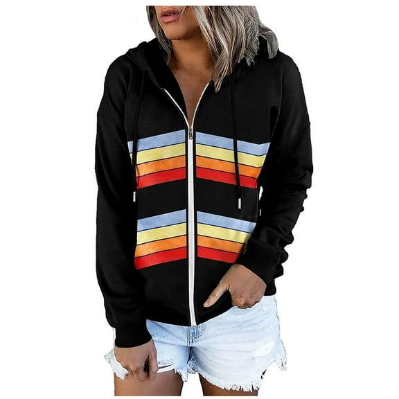 USSUMA Women's Fall Cardigan Hooded Winter Fleece Striped Zipper Long Sleeve Open Front Summer Cardigan For Women Long Elegant Dressy Sweaters Cardigan