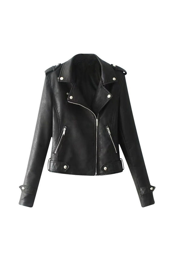 USSUMA Women's Faux Leather Short Moto Jacket Zip-up Slim PU Biker Coat with Pockets