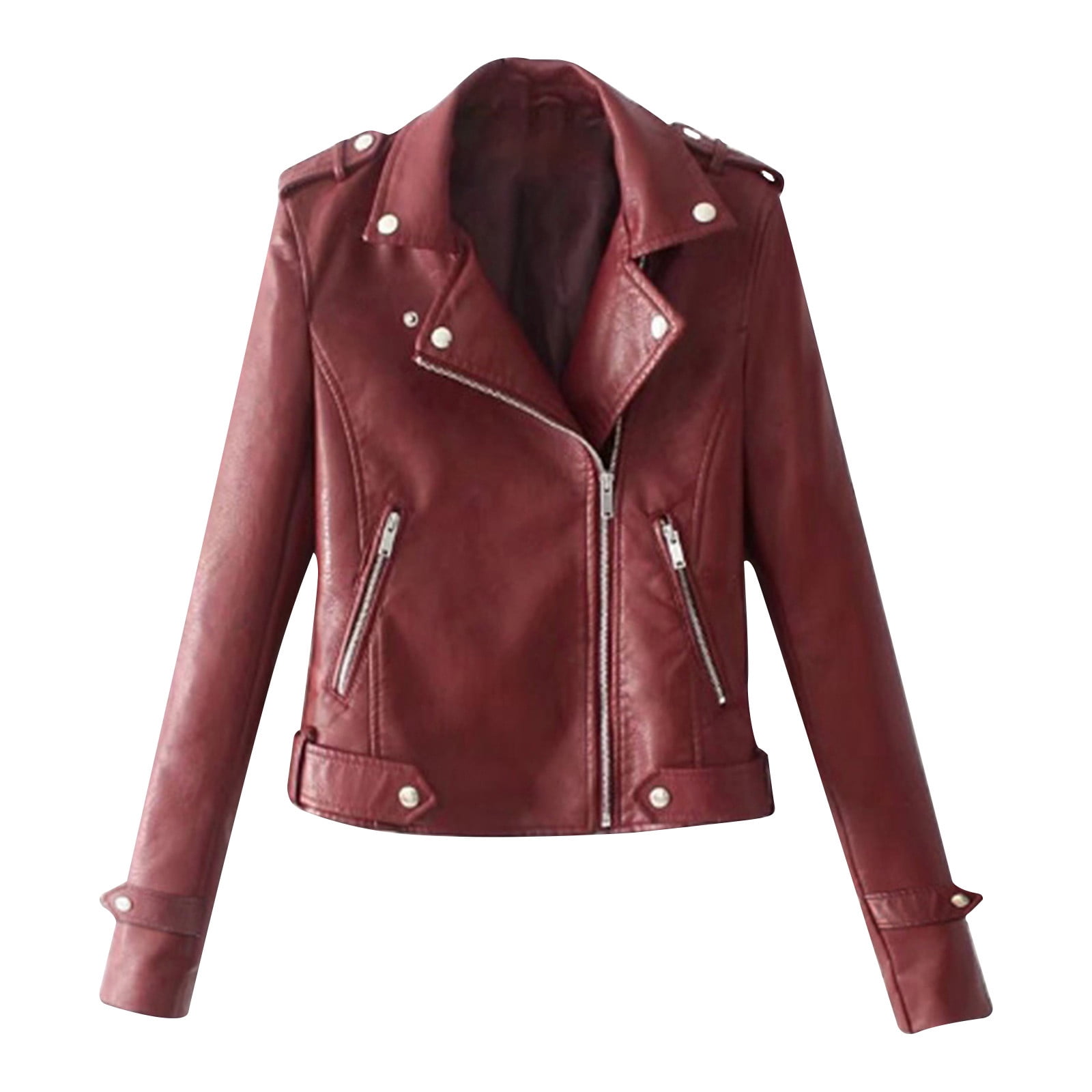 USSUMA Women's Faux Leather Short Moto Jacket Zip-up Slim PU Biker Coat with Pockets