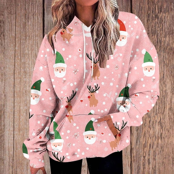 USSUMA Women's Hoodies Christmas Pullover for Womens Long Sleeved Pocket Drawstring Pullover Print Leisure Loose Tops Lady Going out Fall Winter Shirt Pink