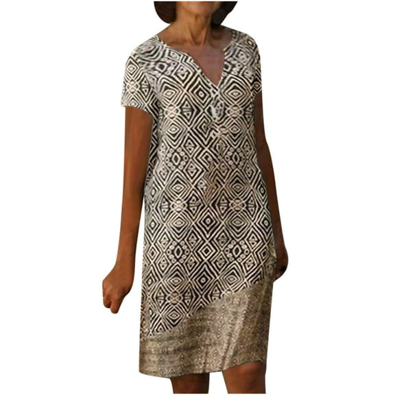 USSUMA Dress for Women Wedding Guest, Women's Line Cotton Knee Length Dress Short Sleeve V Neck Floral Print Shift Dresses Casual Loose T Shirt Tunic Summer Dress