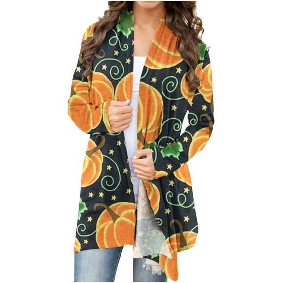 USSUMA Women's Open Front Cardigan Lightweight Casual Blouse Hat Candy Pumpkin Print Cardigan Coat Long Sleeve Tops Funny Shirt Coat