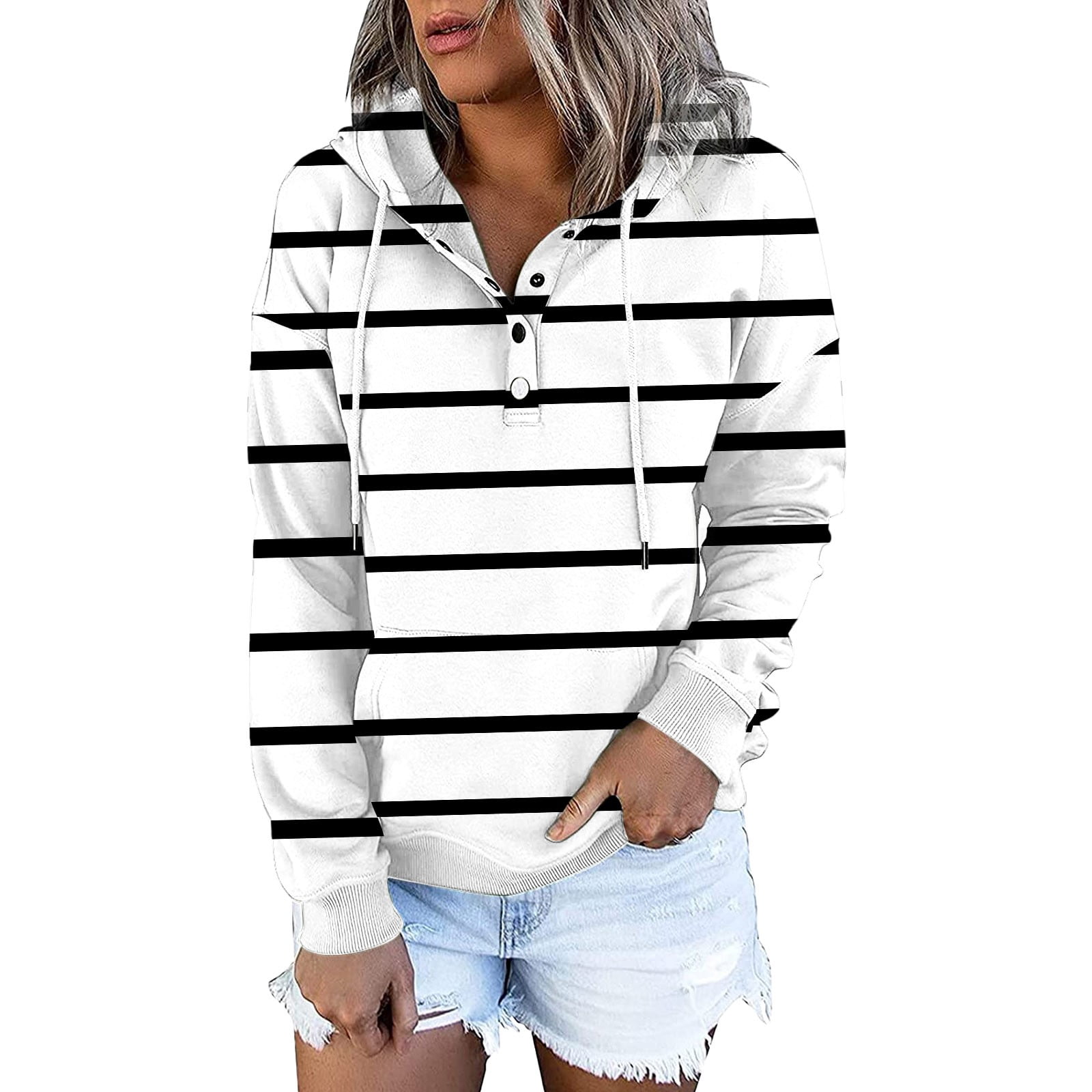 Women's Plus Size Hooded Shirt Blue Cotton Blend