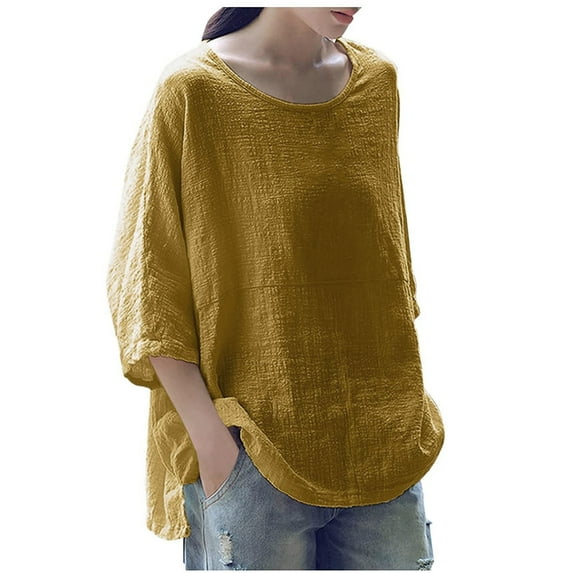 USSUMA Women's Plus Size Linen Blouse 3/4 Sleeve Shirt Loose Fit Solid Color Casual Tops Tees T-Shirts Blouses