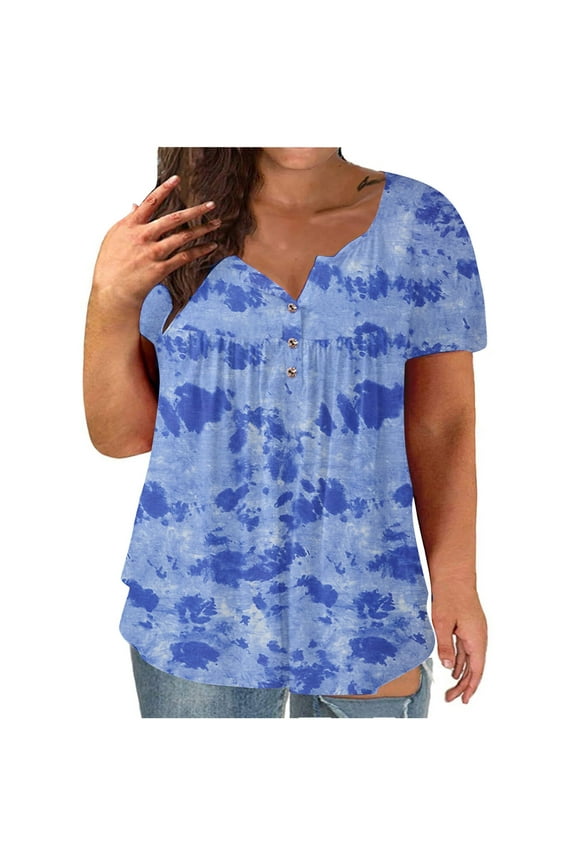 Women's Plus Size Summer Blouses Henley V Neck Button Up Tunic Tops Ruffle Flowy Short Sleeve Tie Dye T Shirts