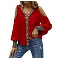 thumbnail image 1 of USSUMA Women's Sexy Cold Shoulder Tops and Blouses Trendy Leopard V Neck Blouse Button up Lantern Sleeve Shirt Tops Dressy, 1 of 7