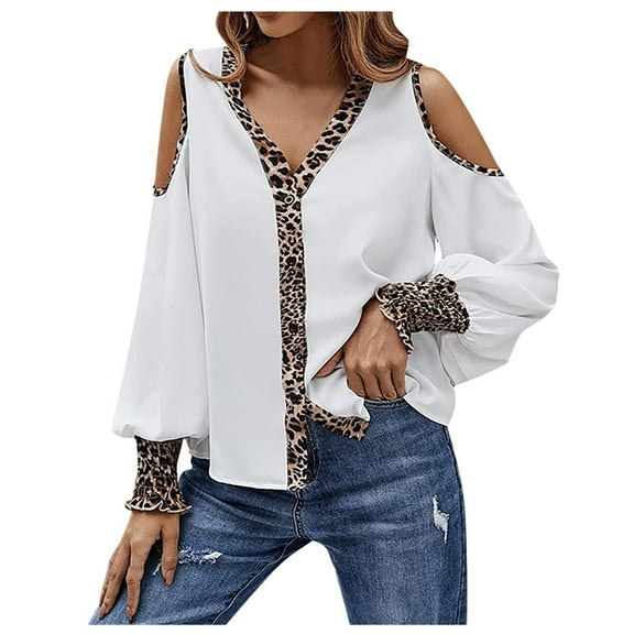 USSUMA Women's Sexy Cold Shoulder Tops and Blouses Trendy Leopard V Neck Blouse Button up Lantern Sleeve Shirt Tops Dressy