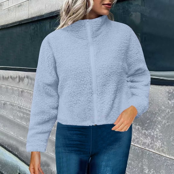 USSUMA Women's Sherpa Fleece Jacket Faux Fuzzy Long Sleeve Casual Zip Up Winter Coat Long Sleeve Cropped Outerwear Holiday Saving