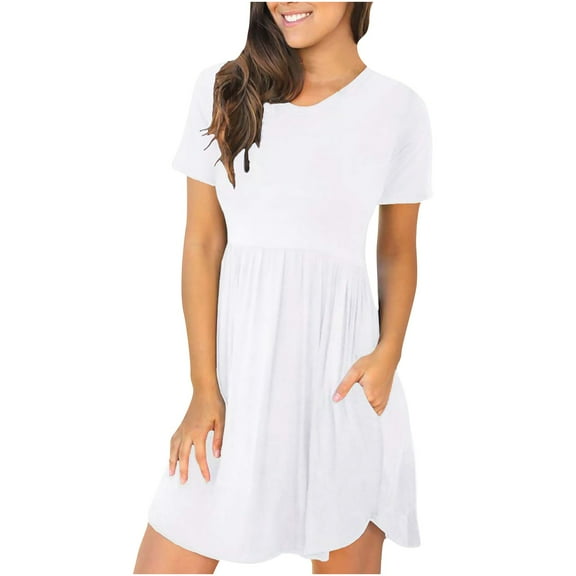 USSUMA Women's Short Sleeve T-Shirt Dresses Casual Plain Pleated Swing Short Mini Dress Empire Waist Flare Dress with Pockets