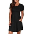 thumbnail image 1 of USSUMA Women's Short Sleeve T-Shirt Dresses Casual Plain Pleated Swing Short Mini Dress Empire Waist Flare Dress with Pockets, 1 of 6
