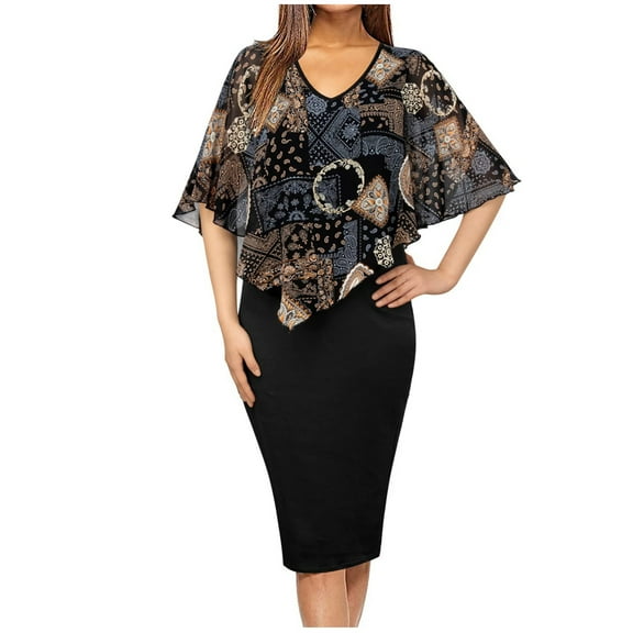 USSUMA Women's Sleeveless Asymmetric Overlay Dress V Neck Capelet Sleeve Bodycon Knee Length Pencil Dress for Wedding Cocktail Party