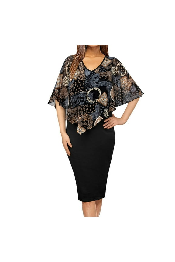 USSUMA Women's Sleeveless Asymmetric Overlay Dress V Neck Capelet Sleeve Bodycon Knee Length Pencil Dress for Wedding Cocktail Party