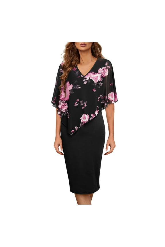 USSUMA Women's Sleeveless Asymmetric Overlay Dress V Neck Capelet Sleeve Bodycon Knee Length Pencil Dress for Wedding Cocktail Party